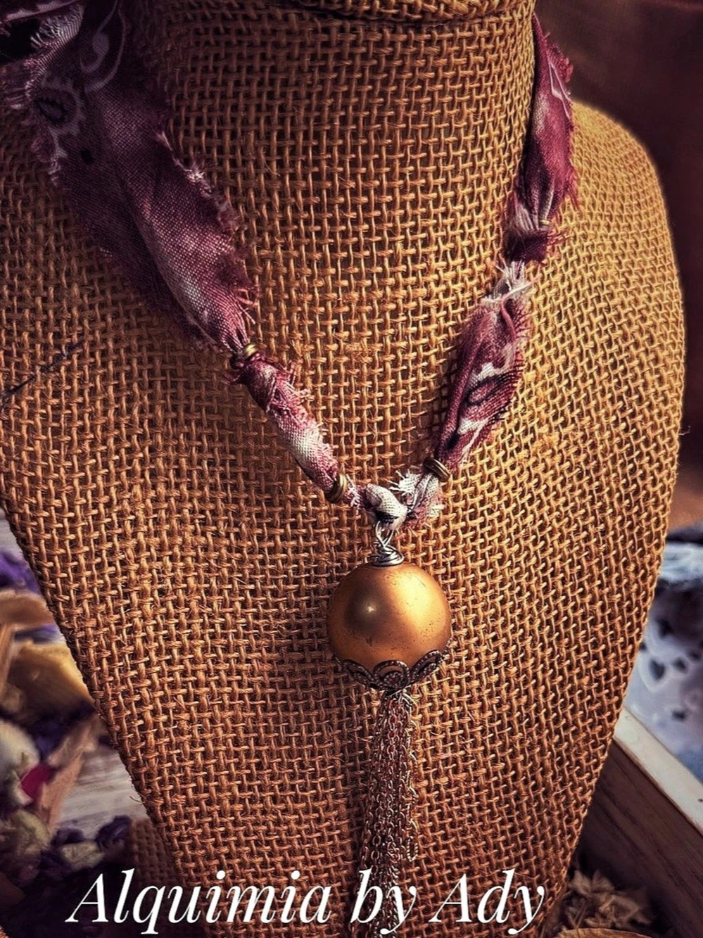 Sculptural orb + Tassels Statement Pendant Necklace in Purple & Gold Like New